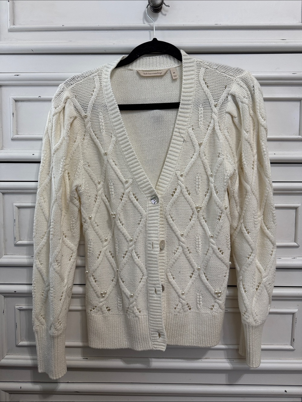 Soft Surroundings Cream Pearl-Accent Diamond-Knit Cardigan